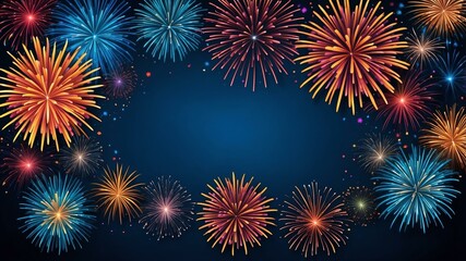 Wall Mural - blue background with border frame of colorful fireworks