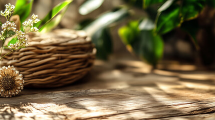 Wall Mural - A basket with flowers sits on a wooden table