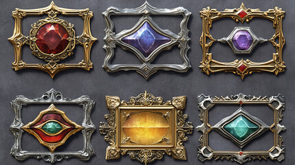 Poster - Empty circle silver and gold frames in medieval style for game ui design. Vector cartoon set of user interface elements with metal border with gems isolated on background