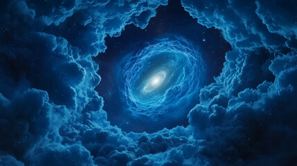 Wall Mural - Blue nebula, spiral galaxy with glowing planets and stars. Space twisted andromeda system with white hole and milky way, deep cosmos with interstellar dust, abstract realistic vector on transparent