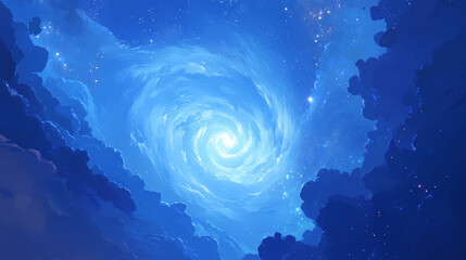 Wall Mural - Blue nebula, spiral galaxy with glowing planets and stars. Space twisted andromeda system with white hole and milky way, deep cosmos with interstellar dust, abstract realistic vector on transparent