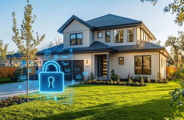 Wall Mural - A modern home with smart security features like an electronic padlock and visible cameras, set against the backdrop of a lush green lawn.