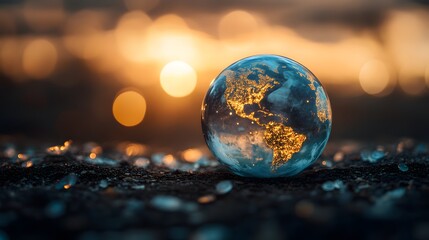 Poster - Captivating Glass Globe Reflects Earth with Illuminated Cities Against a Warm Sunset Background and Bokeh Lights, Ideal for Environmental and Travel Themes