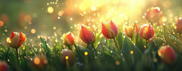 Wall Mural - Colorful tulips in the morning light with dew drops on the petals, creating an enchanting and vibrant spring background.