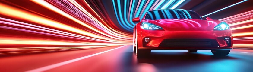 Poster - vibrant red sports car speeds through futuristic cityscape, illuminated by colorful light trails