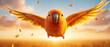 © JK_kyoto - cheerful parrot with vibrant orange feathers flies gracefully against sunset backdrop, surrounded by golden leaves