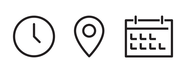 location, time, date icon vector. address location pointer calendar editable stroke icons set isolat