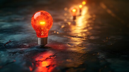 Poster - Close-Up of Vintage-Style Orange Light Bulb on Wet Surface with Reflective Light Creating an Atmospheric and Dreamy Ambience in a Dark Setting