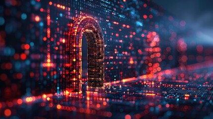 Poster - A digital representation of a keyhole surrounded by glowing data streams, symbolizing cybersecurity.