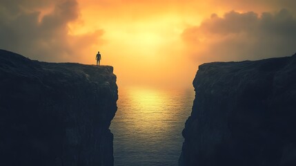 Aufkleber - Solitary Figure Standing at the Edge of a Cliff Overlooking a Calm Ocean at Sunset, Surrounded by Dramatic Clouds and Golden Light