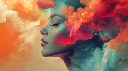 Poster - Enigmatic Woman Surrounded by Colorful Clouds and Mystical Hues, Captivating Artistic Expression of Emotions and Inner Thoughts in Abstract Form