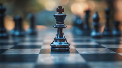 Poster - Close-Up of a King Chess Piece on an Outdoor Chessboard Surrounded by Other Blurred Chess Pieces in an Elegant Setting during Golden Hour