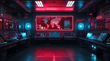 Poster - A futuristic control room with glowing screens and a large map display.