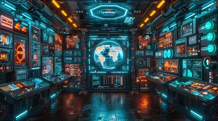 Poster - A futuristic control room with glowing screens and a world map for monitoring data.