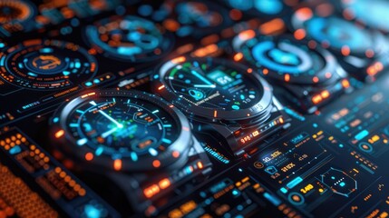 Poster - A futuristic dashboard displaying various gauges and data metrics in vibrant colors.