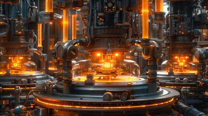 Poster - A futuristic industrial scene featuring advanced machinery and glowing components.