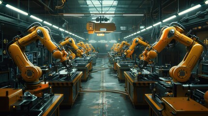 Poster - A futuristic industrial scene with robotic arms assembling products in a factory setting.
