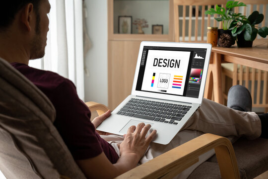Graphic designer software for modern design of web page and commercial ads showing on the computer screen