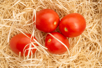 Wall Mural - Fresh juicy tomatoes in a box with shavings  close-up, top view.