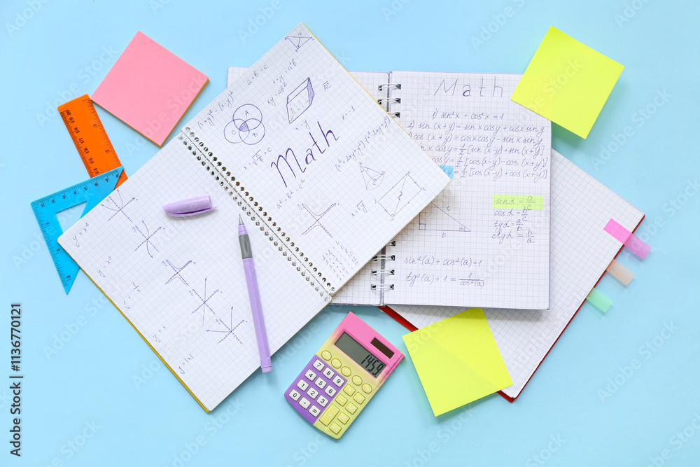 Notebooks with calculator and school stationery on blue background