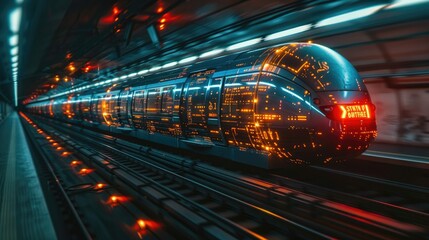 Poster - A futuristic train in a high-tech subway environment, showcasing advanced design and lighting.
