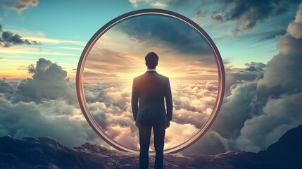 Poster - Surreal Landscape with a Man Standing at the Edge of a Cloudy Abyss Framed by a Circular Portal, Evoking a Sense of Wonder and Discovery in a Dreamlike Atmosphere