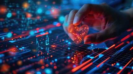 Poster - A hand holds a glowing heart amidst a digital landscape, symbolizing technology and emotion.
