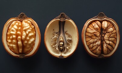 Wall Mural - Three Walnuts Displaying Stages Of Growth And Development