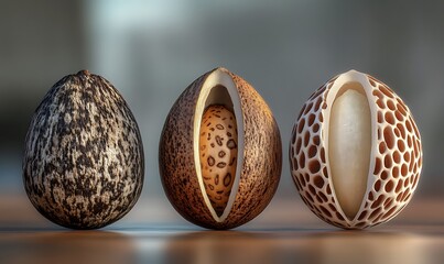 Wall Mural - Three unique seed pods opened revealing inner textures