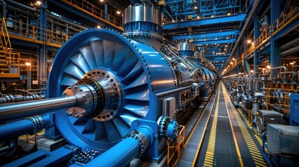 Poster - A modern industrial facility featuring large turbines and machinery for energy production.