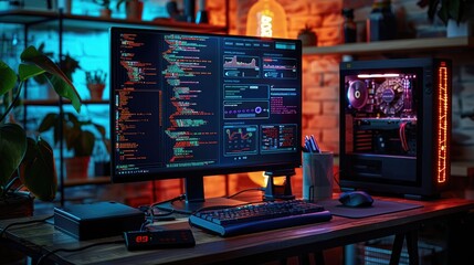 Poster - A modern workspace featuring coding on a monitor and a gaming PC setup.