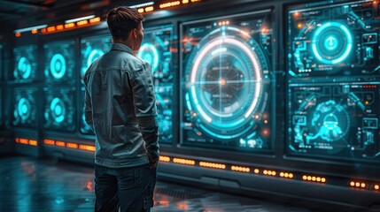 Poster - A person stands before a high-tech control panel displaying futuristic data and graphics.