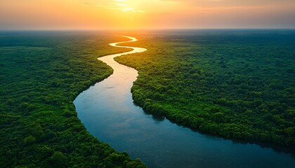 Poster - Aerial View of a Meandering River Surrounded by Lush Greenery Under a Golden Sunset in a Tranquil Nature Landscape