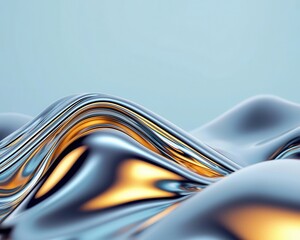 Poster - abstract wavy metal landscape with shimmering golden highlights and smooth silver curves.