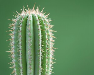 Poster - Close-up of a vibrant green cactus with sharp spines against a smooth green backdrop.