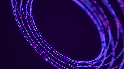 Poster - Abstract blue torus on black background. Wireframe circle structure with glowing particles and lines. Futuristic digital illustration. 3D rendering.