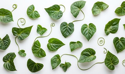 Wall Mural - Green heart shaped leaves arranged on white background