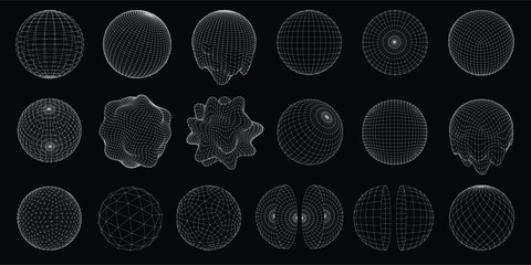 Wall Mural - wireframe 3d sphere mesh grid. digital ball, abstract circle, distorted and melted geometric spheres