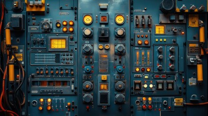 Futuristic control panel with glowing buttons and dials.