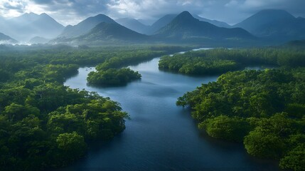 Poster - Lush Green Landscape with Serene River Flowing Through Mountains in Early Morning Light Captured from Above, Showcasing Nature's Beauty and Tranquility