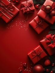 Wall Mural - Christmas background card with red gifts and copyspace copy space created with generative ai