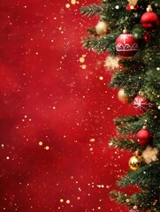 Wall Mural - christmas background with xmas tree and sparkle bokeh lights on red canvas background. merry christm