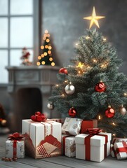 Wall Mural - Christmas gift boxes and tree - 3D render