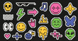 © WinWin - Pixel art emoji stickers. Retro pixelated 8 bit Y2K symbols, cool glasses, arrow, lightning bolt, flame and looking eyes. Skull, smile bomb, alien face and happy spark face. Vector icons set.