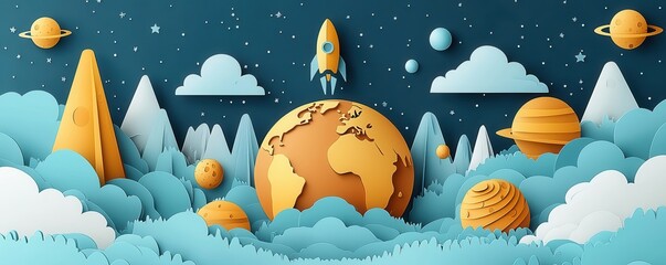Wall Mural - whimsical papercut world with planets and rocket in a starry sky
