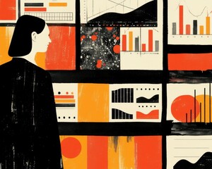 Poster - A woman stands in front of vibrant data visualizations, showcasing graphs and charts in bold colors, symbolizing analytics.