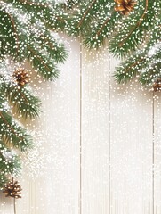 Wall Mural - christmas and new year background with fir branches and snowfall on wooden white board