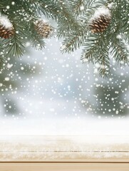 Wall Mural - christmas and new year background with fir branches and snowfall on wooden white board