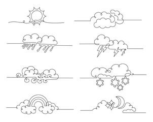 Poster - Continuous one line weather dividers. Minimalist linear weather forecast designs for sunny day, cloudy night, rain and snow, thunderstorm and windy weather, rainbow horizontal separator vector set.