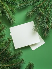 Wall Mural - christmas card mock up. modern greeting card flat lay with green fir branches on green background. e